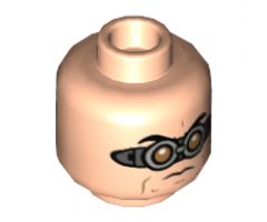 Minifigure, Head Dual Sided Black Eyebrows, Silver Goggles with Orange Circular Lenses, Evil Grin / Worried Expression Pattern - Hollow Stud