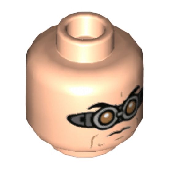 Minifigure, Head Dual Sided Black Eyebrows, Silver Goggles with Orange Circular Lenses, Evil Grin / Worried Expression Pattern - Hollow Stud