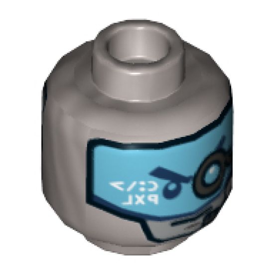 Minifigure, Head Dual Sided Alien Robot with Silver Face with Medium Azure Eyes / Medium Azure Visor with Headset and Eyepiece Pattern - Hollow Stud