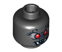 Minifigure, Head Alien with Fangs, Red Eyes and Dark Bluish Gray Fur Pattern - Blocked Open Stud