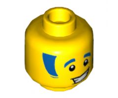 Minifigure, Head Blue Eyebrows and Sideburns with Lopsided Grin with Teeth Pattern - Hollow Stud