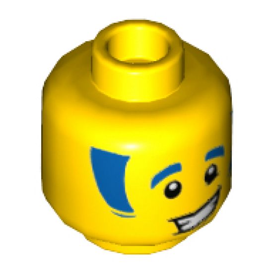 Minifigure, Head Blue Eyebrows and Sideburns with Lopsided Grin with Teeth Pattern - Hollow Stud