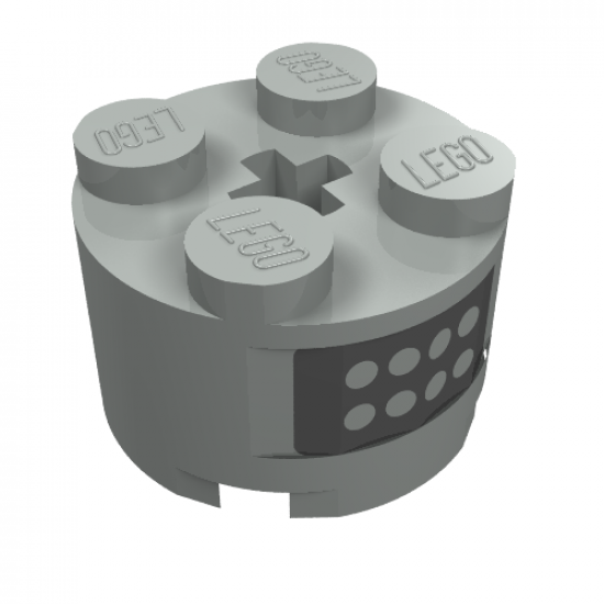 Brick, Round 2 x 2 with Axle Hole with Buttons on Black Panel on Both Sides Pattern