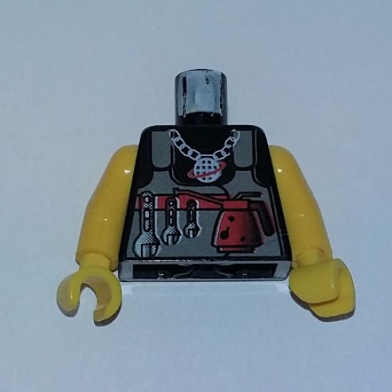 Torso Alpha Team Logo on Necklace, Dark Gray Vest, Tools Pattern / Yellow Arms / Yellow Hands