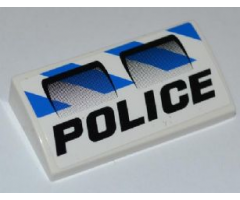Slope, Curved 2 x 4 x 2/3 without Bottom Tubes with 2 Air Intakes, 'POLICE' and Blue and White Danger Stripes Pattern (Sticker) - Set 7970