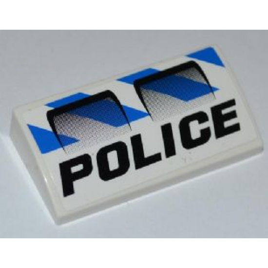 Slope, Curved 2 x 4 x 2/3 without Bottom Tubes with 2 Air Intakes, 'POLICE' and Blue and White Danger Stripes Pattern (Sticker) - Set 7970