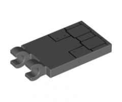 Tile, Modified 2 x 3 with 2 Clips with Metal Plates with Black Border and 4 Rivets Pattern