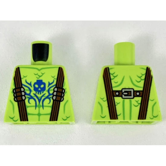 Torso Dark Brown Suspenders with Silver Bullets, Green Muscle and Scale Lines, Blue Skull and Filigree Tattoo Pattern