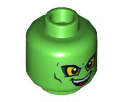 Minifigure, Head Dual Sided Alien with Yellow Eyes, Wicked Smile / Downturned Mouth with 1 Fang Pattern (Green Goblin) - Hollow Stud