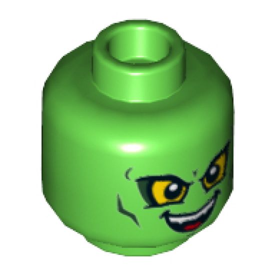 Minifigure, Head Dual Sided Alien with Yellow Eyes, Wicked Smile / Downturned Mouth with 1 Fang Pattern (Green Goblin) - Hollow Stud