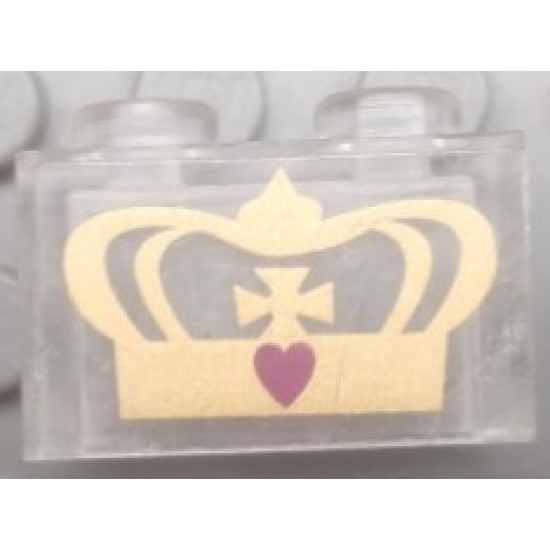 Brick 1 x 2 without Bottom Tube with Gold Crown and Dark Pink Heart Pattern (Sticker) - Set 7578