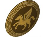 Minifigure, Shield Round with Rounded Front with Gold Winged Horse Pattern