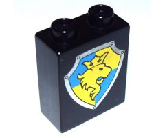 Duplo, Brick 1 x 2 x 2 with Shield - Lion and Crown on Yellow and Blue Background Pattern