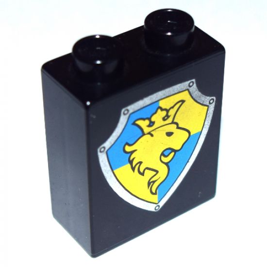 Duplo, Brick 1 x 2 x 2 with Shield - Lion and Crown on Yellow and Blue Background Pattern