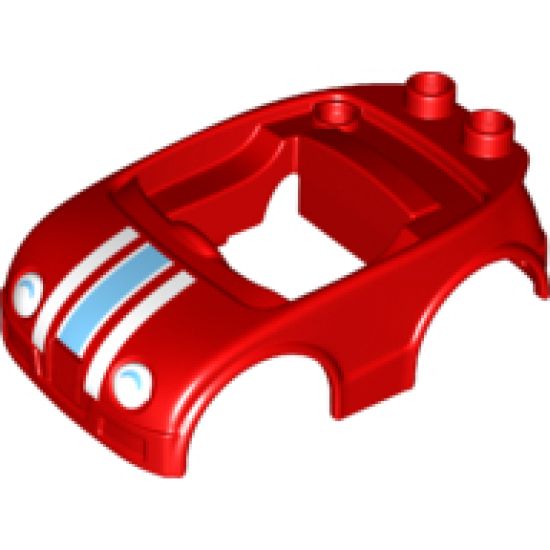 Duplo, Vehicle Car Body with 2 Studs on Back and White Headlights with Shadow and Racing Stripes Pattern (fits over Car Base 2 x 4)