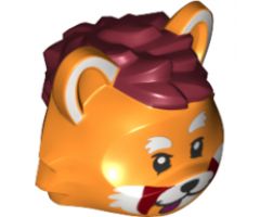 Minifigure, Head, Modified Cat with Dark Red Hair and Whiskers, White Markings on Ears and Muzzle and Red Tongue Pattern