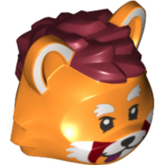 Minifigure, Head, Modified Cat with Dark Red Hair and Whiskers, White Markings on Ears and Muzzle and Red Tongue Pattern