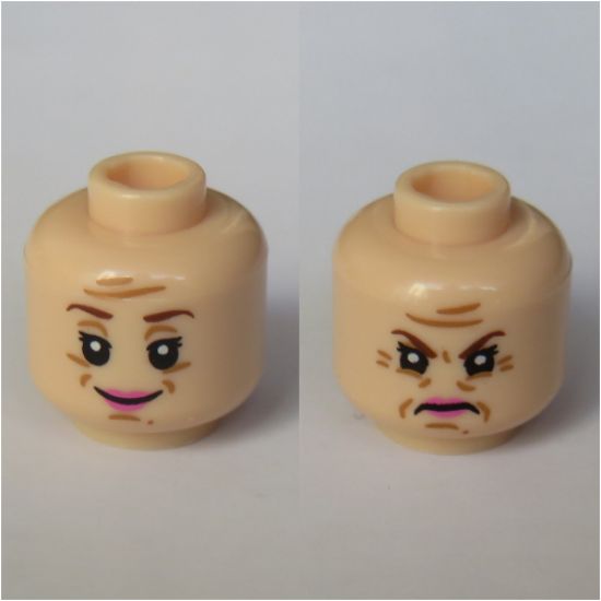 Minifigure, Head Dual Sided Female Reddish Brown Eyebrows, Eyes with Pupils, Wrinkles, Pink Lips, Smile / Frown Pattern (Dolores Umbridge) - Hollow Stud