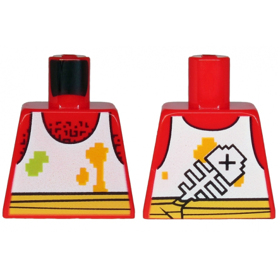 Torso White Tank Top with Lime and Bright Light Orange Spots, Fish Bone on Back, Hairy Chest and Yellow Waist Sash Pattern