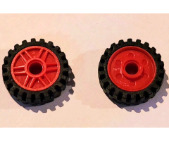 Wheel & Tire Assembly 18mm D. x 8mm with Fake Bolts and Shallow Spokes with Black Tire Offset Tread - Band Around Center of Tread (56902 / 61254)