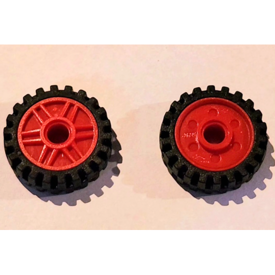 Wheel & Tire Assembly 18mm D. x 8mm with Fake Bolts and Shallow Spokes with Black Tire Offset Tread - Band Around Center of Tread (56902 / 61254)