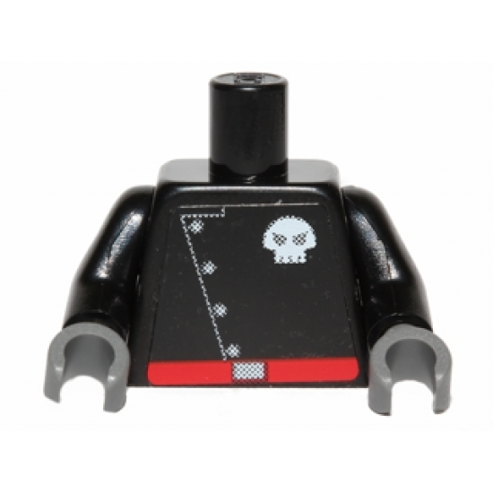 Torso Space Skull Logo with Diagonal Buttons and Red Belt Pattern (Sticker) / Black Arms / Dark Bluish Gray Hands