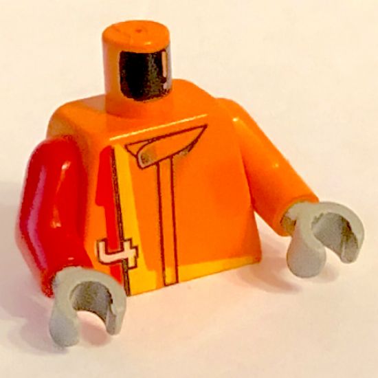 Torso Racers Number 4 with Red and Yellow Stripe Pattern / Orange Arm Left / Red Arm Right / Dark Gray Hands