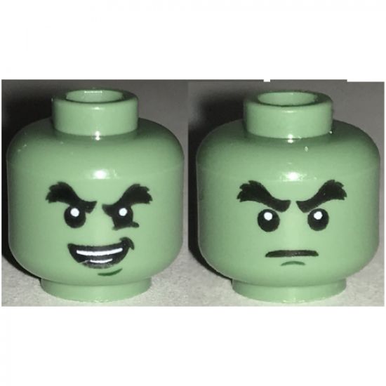 Minifigure, Head Dual Sided Black Bushy Eyebrows, Chin Dimple, Evil Smile, Crease under Eye / Determined Pattern - Hollow Stud
