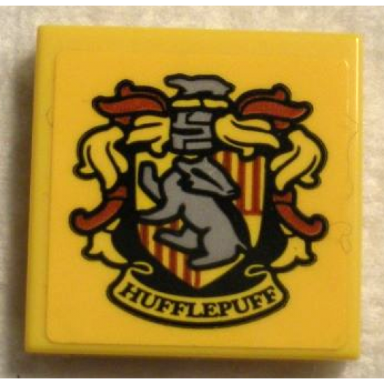 Tile 2 x 2 with HP 'HUFFLEPUFF' House Crest with Red Plumes on Yellow Background Pattern (Sticker) - Set 75956