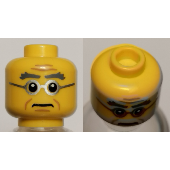 Minifigure, Head Male Bushy Gray Eyebrows, Wrinkles, Silver Frame Glasses Pattern - Hollow Stud