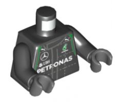 Torso Race Suit with Boss, Mercedes, Petronas, Puma and UBS Logos, Green Trim, Front and Back Pattern / Black Arms / Dark Bluish Gray Hands