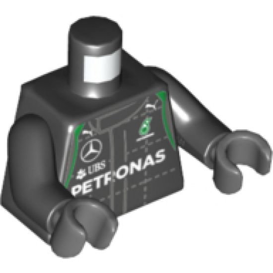 Torso Race Suit with Boss, Mercedes, Petronas, Puma and UBS Logos, Green Trim, Front and Back Pattern / Black Arms / Dark Bluish Gray Hands