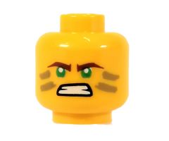 Minifigure, Head Dual Sided Reddish Brown Eyebrows, Green Eyes, Dark Tan Stripes, Scowl / Angry Pattern (Lloyd) - Hollow Stud