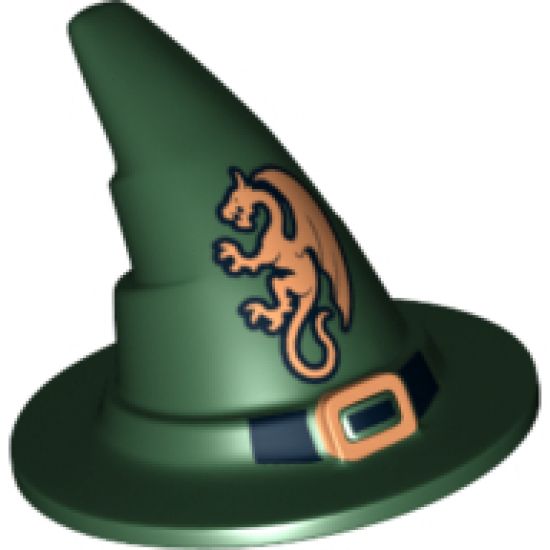 Minifigure, Headgear Hat, Wizard / Witch with Black Buckle and Gold Dragon Pattern