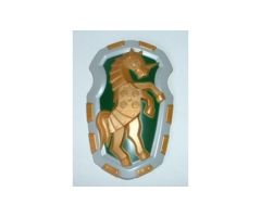 Large Figure Part Shield, 2 x 2 Brick Relief, Armored Horse (Unicorn) with Dark Green and Light Bluish Gray Pattern