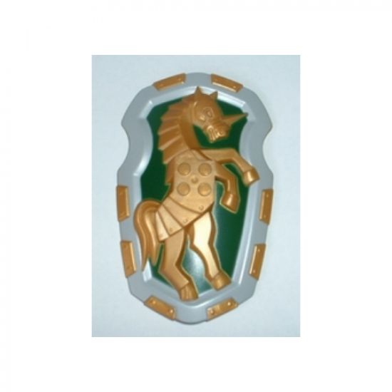 Large Figure Part Shield, 2 x 2 Brick Relief, Armored Horse (Unicorn) with Dark Green and Light Bluish Gray Pattern