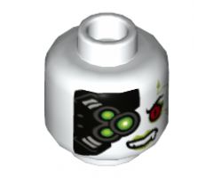 Minifigure, Head Alien with Red Left Eye, Cybernetic Implants, Green Eye and Fangs on Back Pattern - Hollow Stud