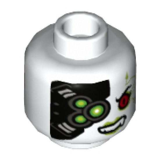 Minifigure, Head Alien with Red Left Eye, Cybernetic Implants, Green Eye and Fangs on Back Pattern - Hollow Stud