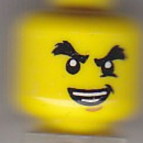 Minifigure, Head Male Raised Bushy Eyebrows, White Pupils, Chin Dimple, Open Mouth Crooked Smile Pattern (Cole) - Hollow Stud