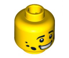 Minifigure, Head Black Eyebrows, White Pupils, Dirt Stains, Open Mouth Smile with Teeth Pattern - Blocked Open Stud