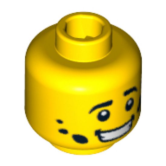 Minifigure, Head Black Eyebrows, White Pupils, Dirt Stains, Open Mouth Smile with Teeth Pattern - Blocked Open Stud