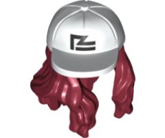 Minifigure, Hair Combo, Hair with Hat, Long Hair with White Crooked Ball Cap with Black Logo Pattern