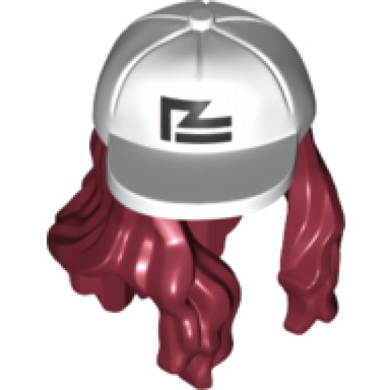 Minifigure, Hair Combo, Hair with Hat, Long Hair with White Crooked Ball Cap with Black Logo Pattern