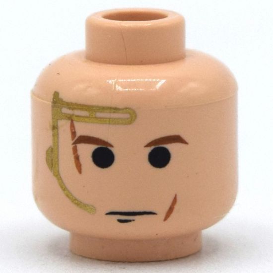 Minifigure, Head Male Gold Headset, Brown Eyebrows, Light Cuts/Scars Pattern - Blocked Open Stud
