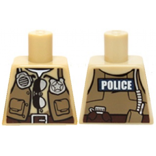 Torso Police Shirt Dark Tan Vest with Pockets, Radio, Badge, Sunglasses, Brown Belt and 'POLICE' Pattern on Back
