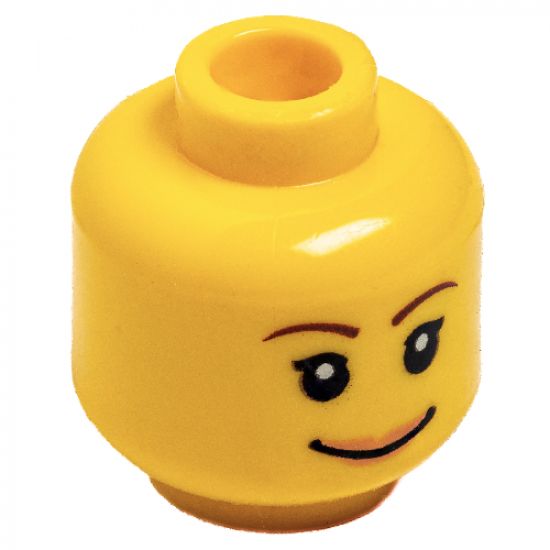 Minifigure, Head Female with Brown Thin Eyebrows, White Pupils, Short Eyelashes, Wide Smile with Pink Lips Pattern - Blocked Open Stud