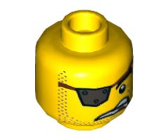 Minifigure, Head Silver Eyepatch with Rivets, Raised Eyebrow, Gold Tooth, Stubble Pattern (MetalBeard) - Hollow Stud