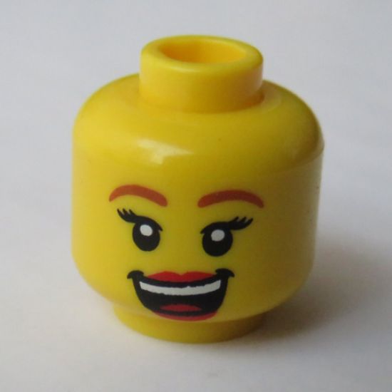 Minifigure, Head Female Dark Orange Eyebrows, Black Eyelashes, Red Lips, Open Mouth Laugh Pattern - Hollow Stud
