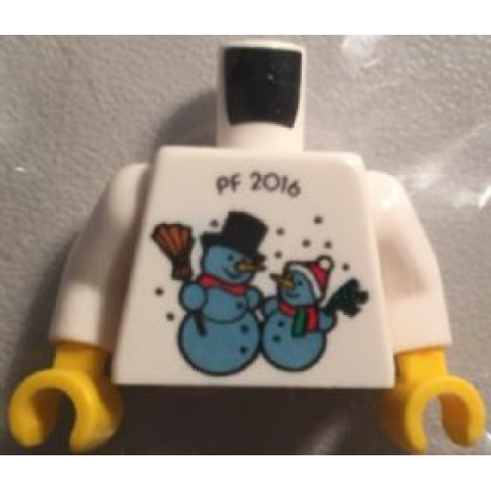 Torso Kladno with 'PF 2016' and 2 Snowmen on Front, Lego Logo on Back Pattern / White Arms / Yellow Hands