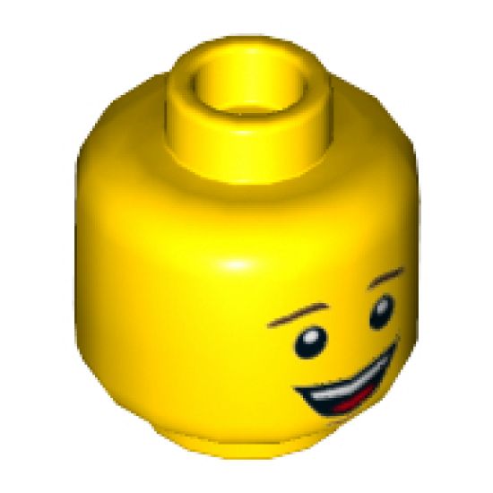 Minifigure, Head Male Dark Brown Eyebrows, Open Mouth Smile with White Teeth and Red Tongue Pattern - Hollow Stud